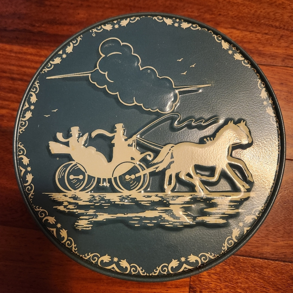 Vintage Shirley Jean Blue Fruit Cake Tin Horse Sleigh